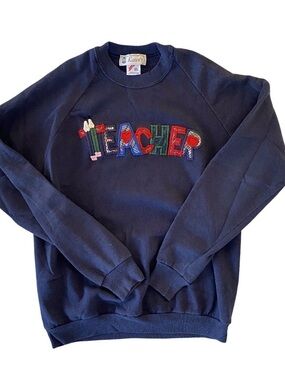 Karen's Navy 'Teacher' Appliqué Crewneck Sweatshirt